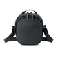 Dark gray round nylon crossbody bag with adjustable shoulder strap and front zipper pocket