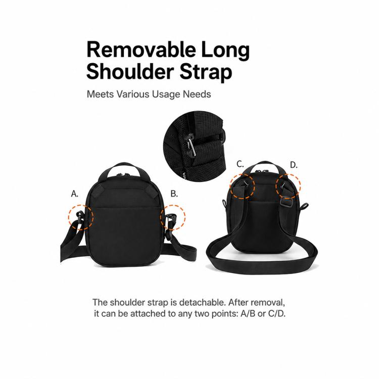 Black crossbody bag with removable long shoulder strap and multiple attachment points