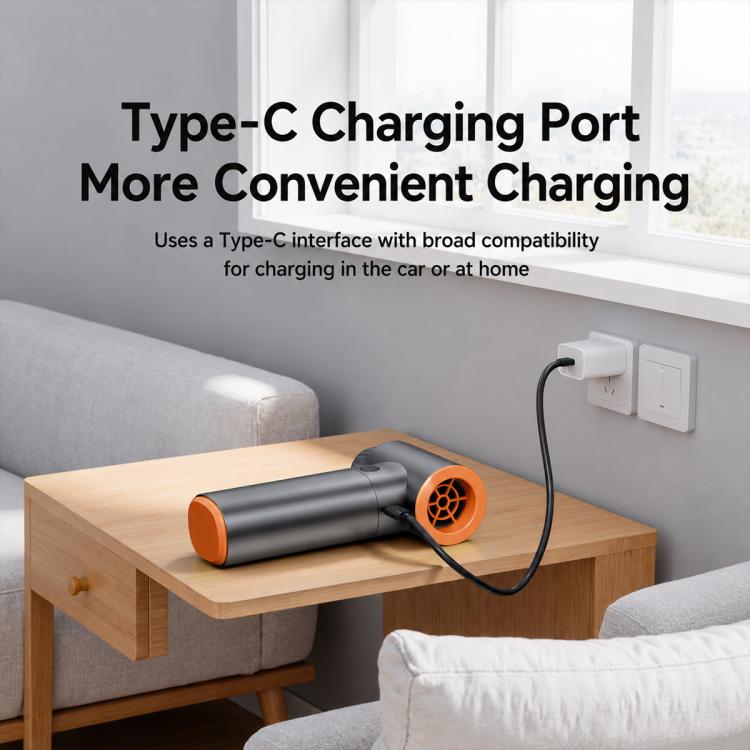 Handheld turbo air blower with orange grille, Type-C charging cable shown