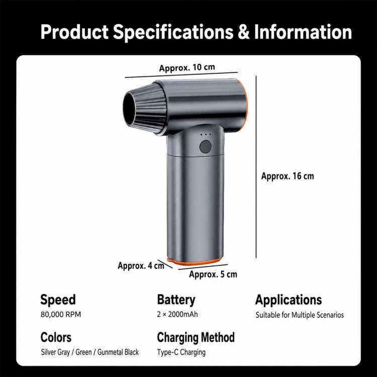 Turbo air blower dimensions and specs diagram, gray body with orange nozzle