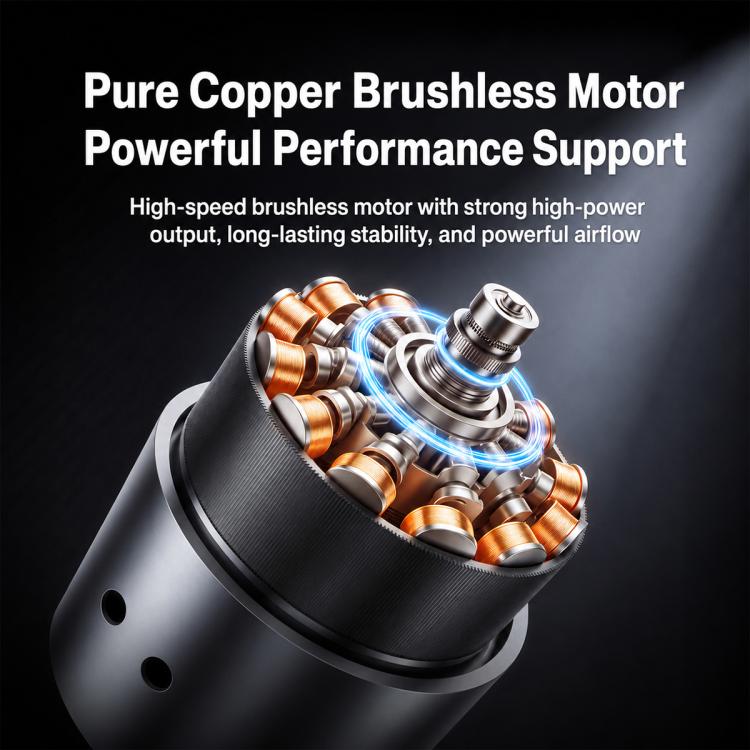 Handheld turbo air blower motor cutaway with copper-colored internal parts