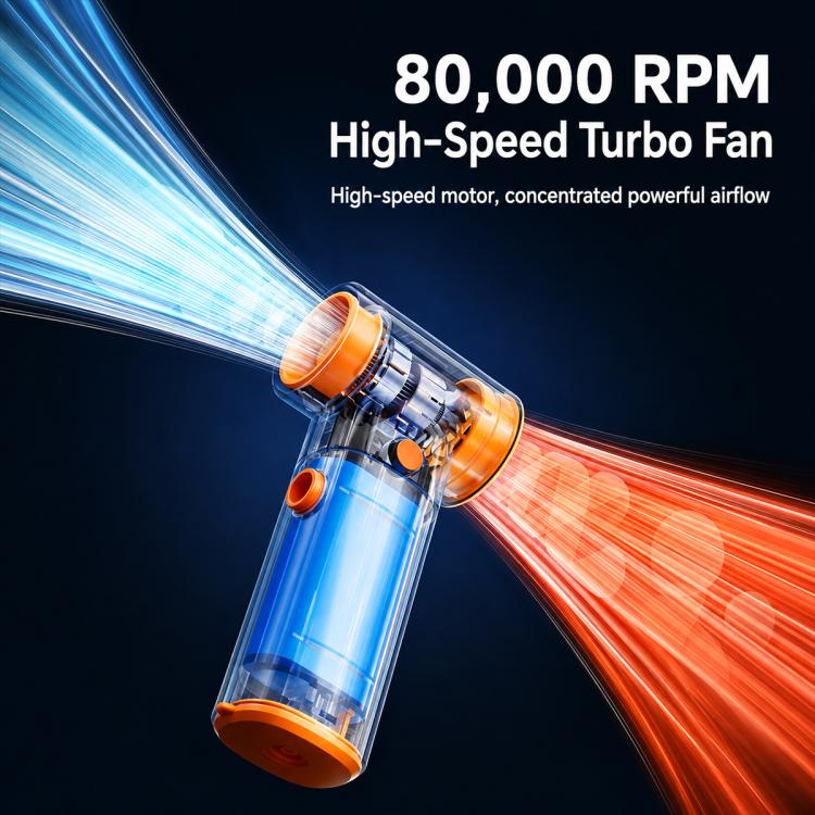 Handheld turbo air blower with transparent fan housing and orange outlet