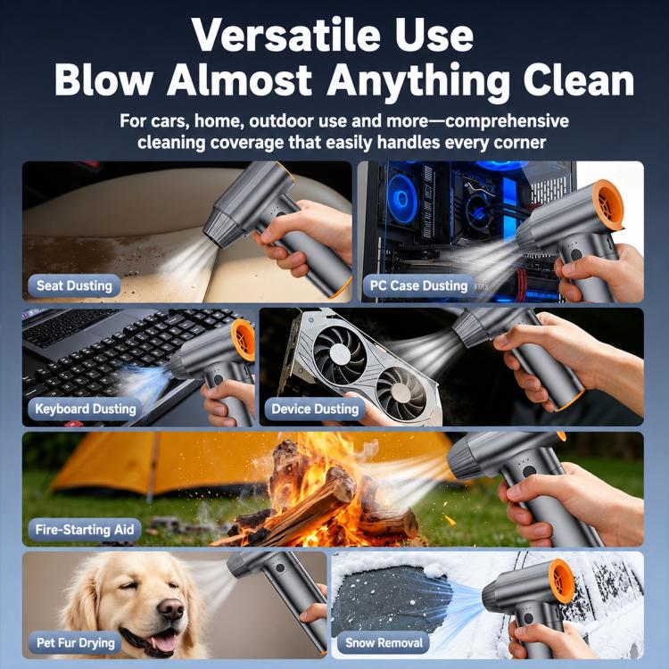Handheld turbo air blower with orange intake tips for dusting car, devices, and keyboard