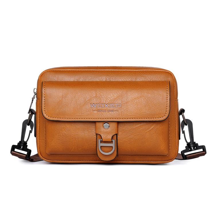 Light brown PU leather crossbody sling bag with front flap and metal buckle clasp