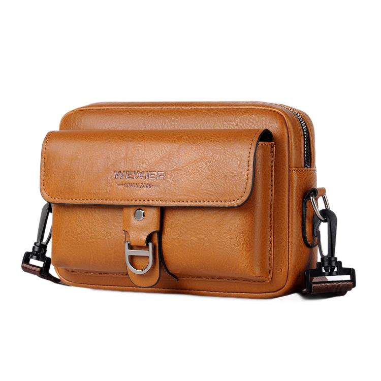 Light brown PU leather crossbody sling bag, side view with front flap buckle clasp