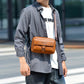 Brown retro shoulder crossbody bag worn on chest, flap with buckle clasp and strap