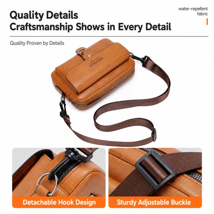 Brown PU leather crossbody sling bag with detachable pouch and adjustable buckle strap