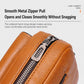 Orange PU leather crossbody sling bag with smooth metal zipper pull, close-up