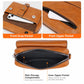 Brown crossbody bag showing front snap pocket, front zipper pocket, and inner zipper pocket