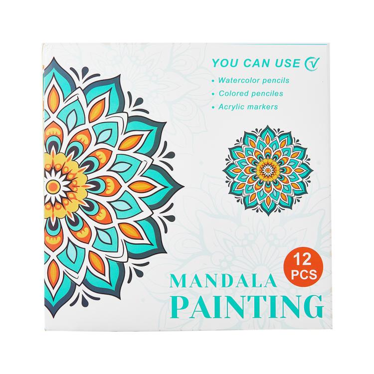 Kids mandala painting coloring book cover with teal and orange floral mandala, 12 pieces