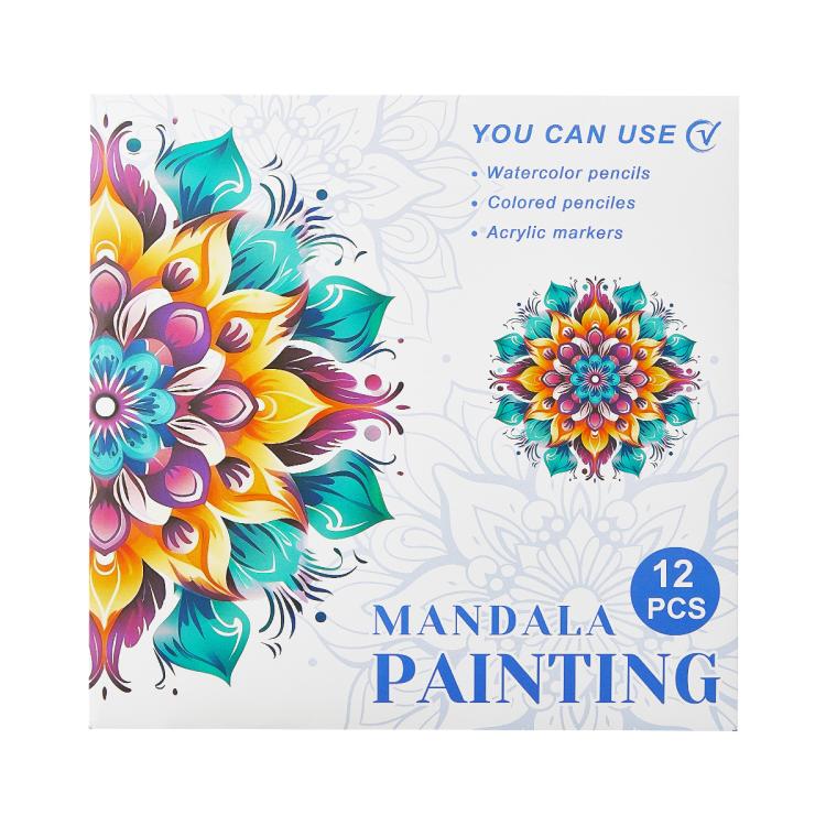 Kids mandala painting coloring book cover with multicolor floral mandala, 12 pieces