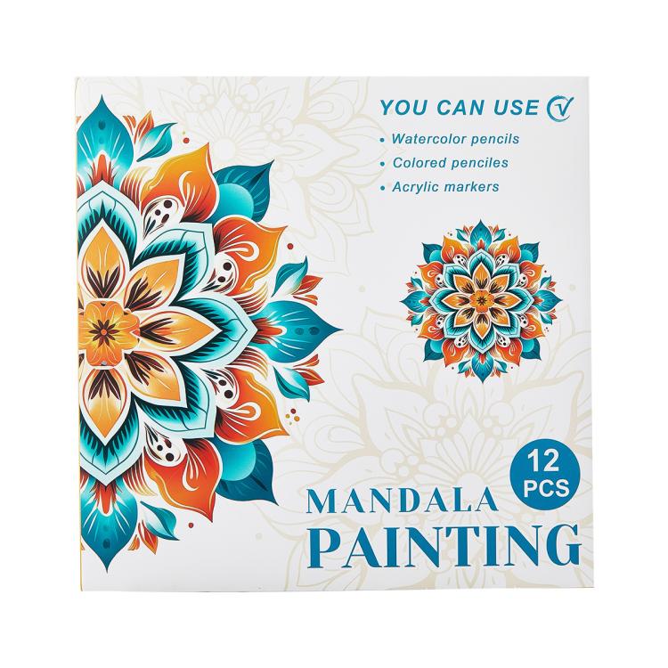 Kids mandala painting coloring book cover with orange and teal lotus-style mandala, 12 pieces