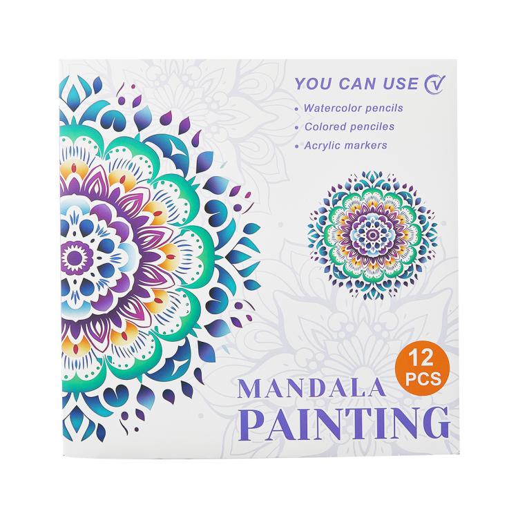 Kids mandala painting coloring book cover with purple, green, and blue mandalas, 12 pieces
