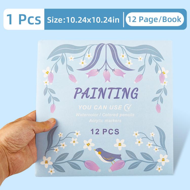 Kids painting coloring book cover with pastel bird-and-flower border, Painting text, 12 pieces