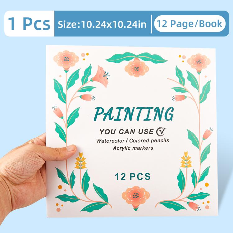 Kids painting coloring book cover with peach flowers and green leaves border, 12 pieces