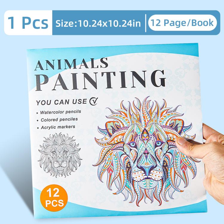 Kids animals painting coloring book cover with colorful lion mandala art, 12 pieces