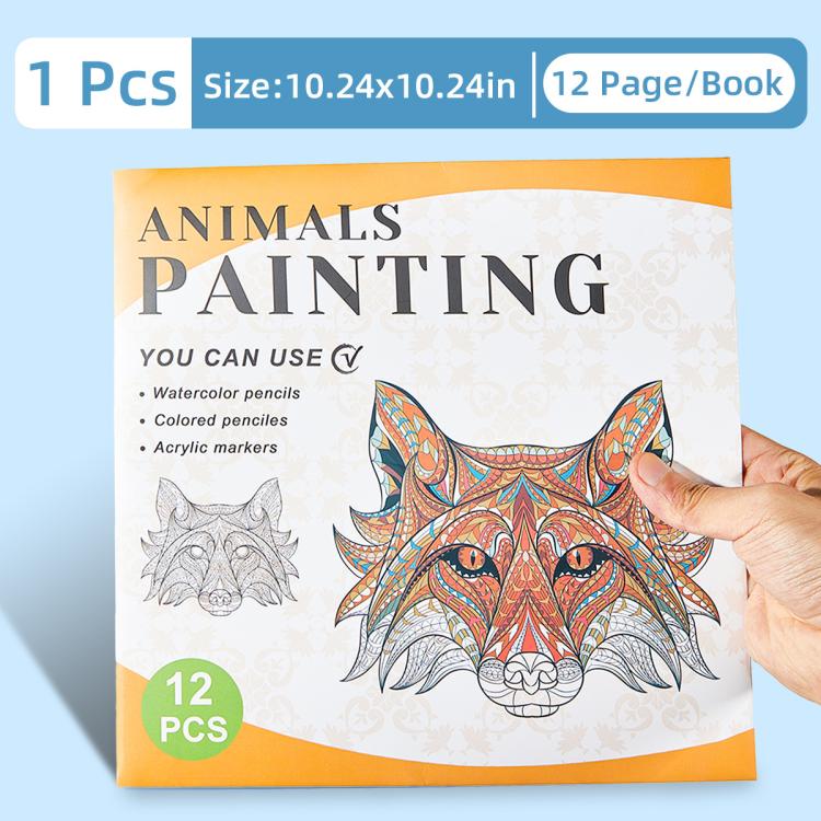 Kids animals painting coloring book cover with colorful fox mandala art, 12 pieces