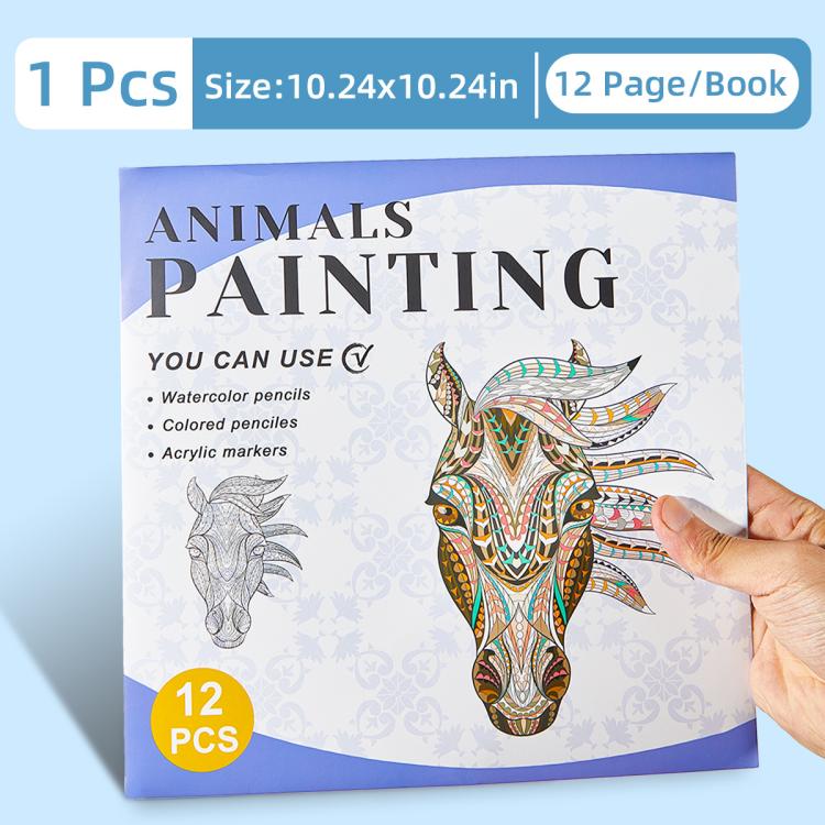 12-page animals painting coloring book, cover with detailed horned horse illustration