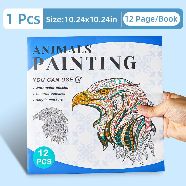 12-page animals painting coloring book, cover with colorful bird head line art