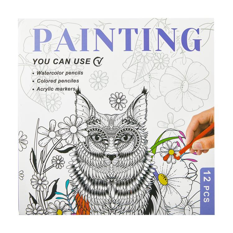 Owl painting coloring page in a book, hand holding a colored pencil