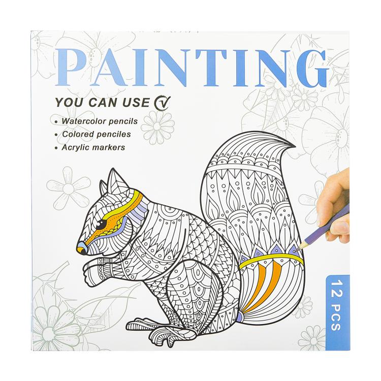 Painting coloring book page with a seated striped animal and outline flowers