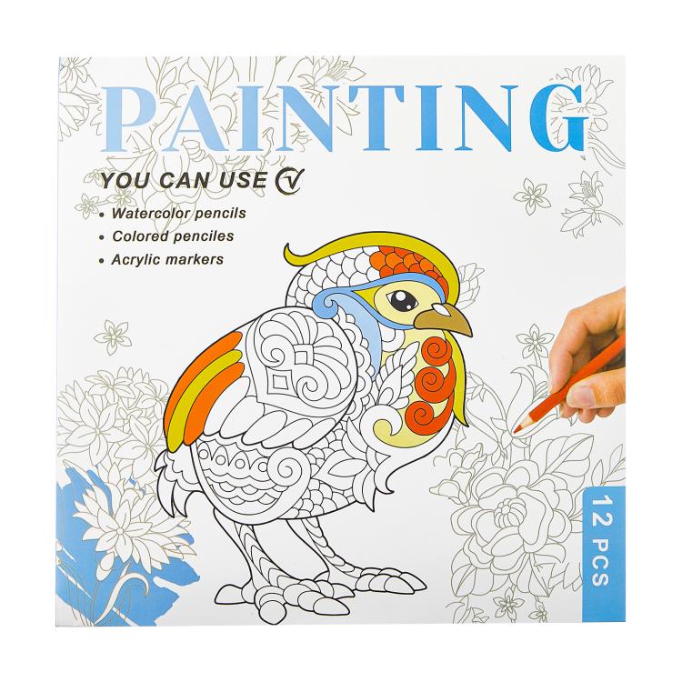 Parrot painting coloring page, hand coloring the bird with an orange colored pencil