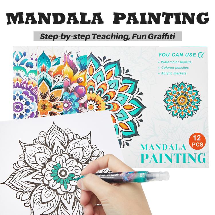 Mandala painting coloring book cover with step-by-step instruction and flower design