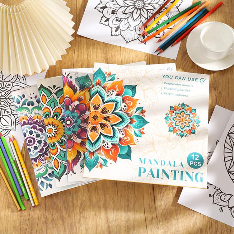 Mandala painting activity sheets with colorful floral sample designs and 12 pcs text