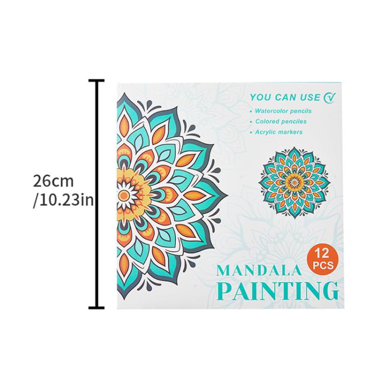 Mandala painting coloring book cover showing 26 cm size and 12 pcs teal floral mandala