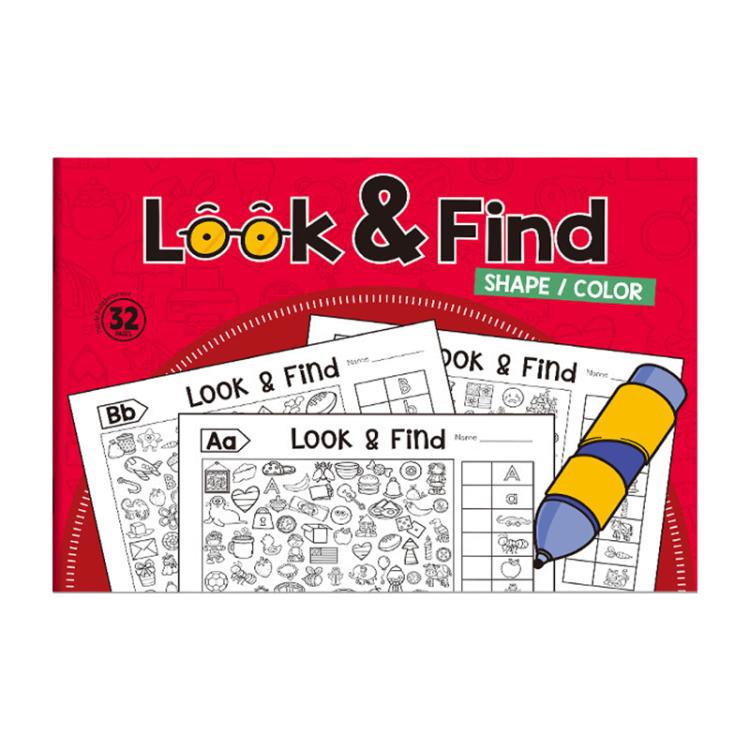 Kids Look & Find activity book cover in red with shape-and-color picture puzzles