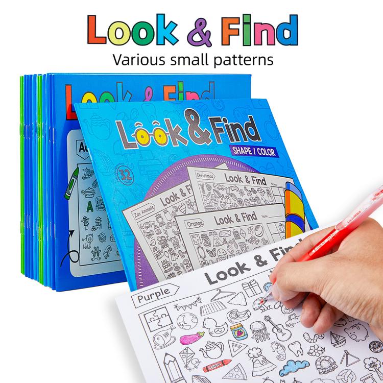 Kids Look & Find coloring activity set with multiple “Shape & Color” booklets