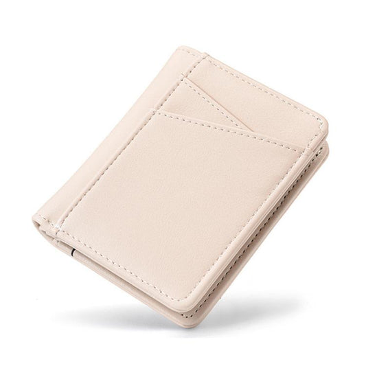 Apricot oil-waxed leather short wallet with stitched card slot and smooth foldover edge.