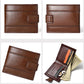 Brown leather bi-fold wallet with multiple card slots and stitched edge seams.