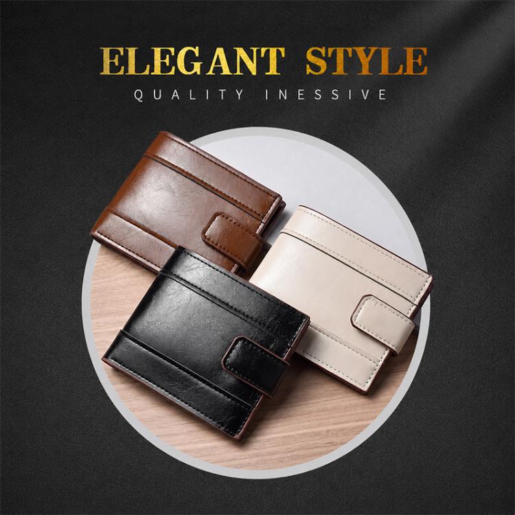 Assorted leather bi-fold wallets with card slots shown stacked in two colors.