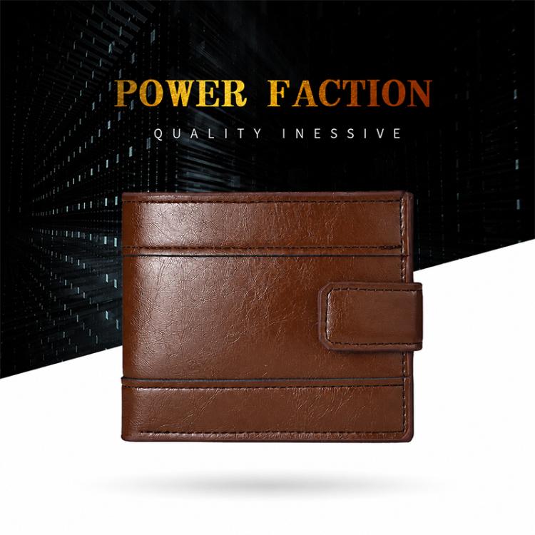 Brown leather bi-fold wallet with front buckle tab and stitched panel design.
