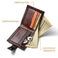 Zippered leather wallet open, showing card slots and a banknote compartment.