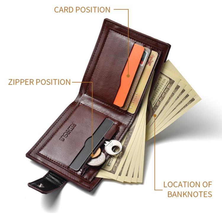 Zippered leather wallet open, showing card slots and a banknote compartment.