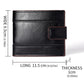 Dark leather men’s wallet with front flap, multi-card slots, and stitched trim.