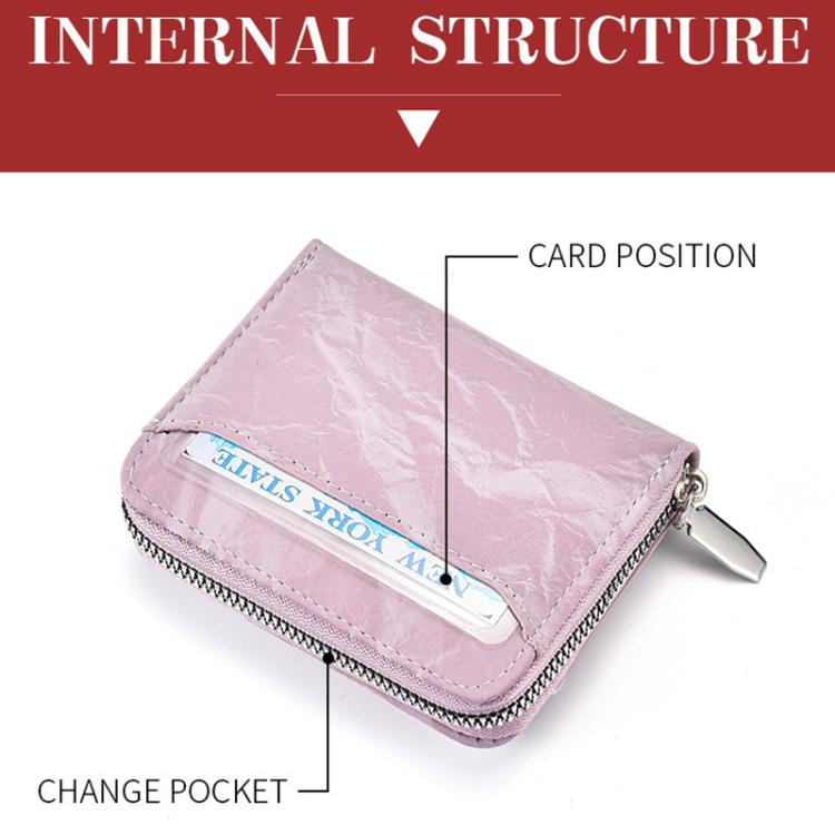 Lilac PU card zipper wallet with change pocket and card position section detail.