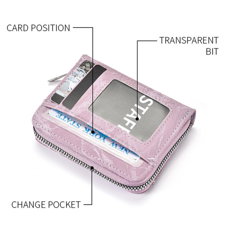 Lavender faux-leather card holder wallet with accordion-style card slots and zipper