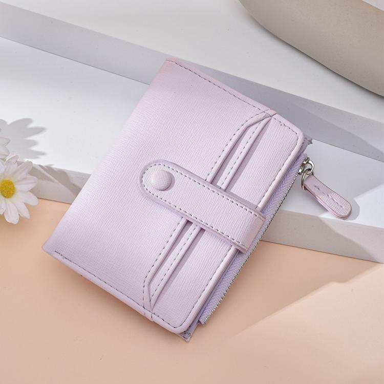 Light purple slim card wallet with coin zipper, litchi texture, wristlet strap