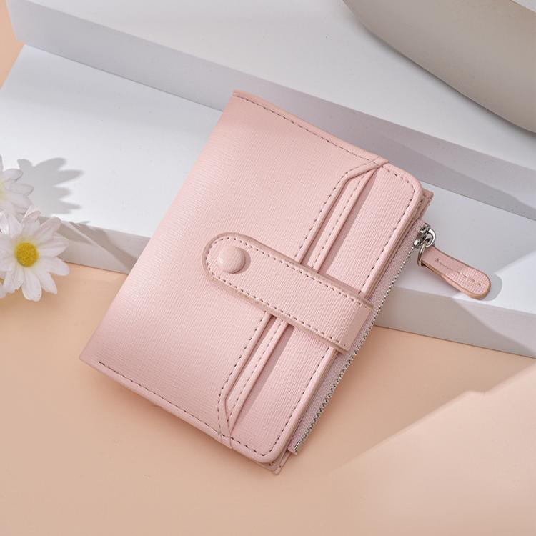 Light pink slim card wallet with zipper coin pocket, litchi texture, wrist strap