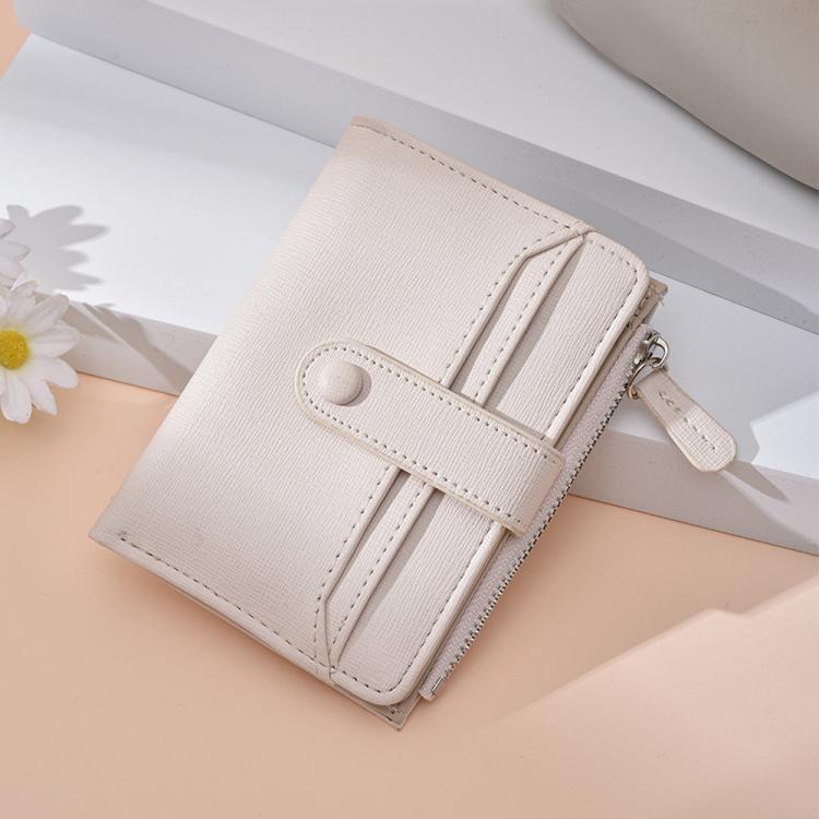Cream slim card wallet with zip coin pocket, litchi texture, wrist strap