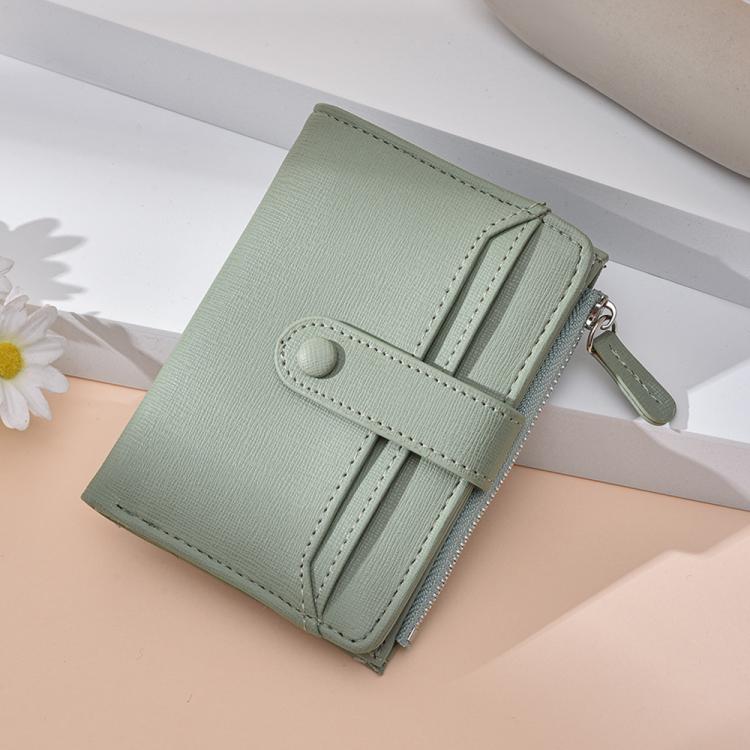 Light green slim card wallet with zip coin pocket, litchi texture, wrist strap