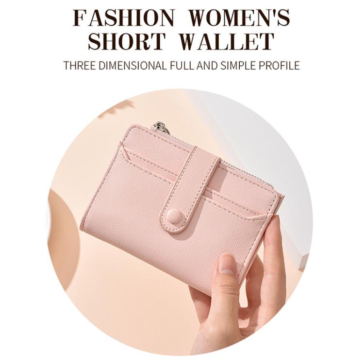 Blush pink slim card wallet with zip coin pocket and card slots, wrist strap