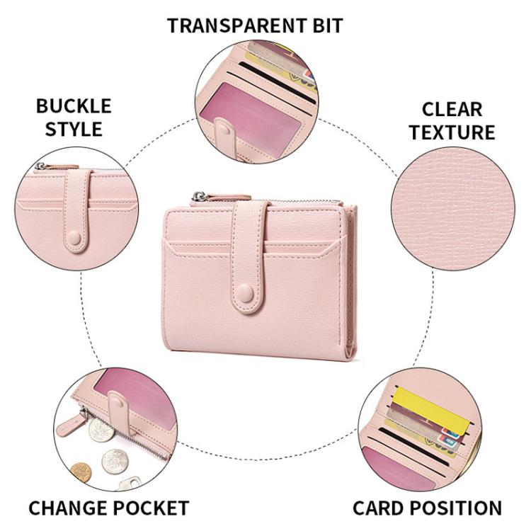 Pink slim card wallet with transparent-style card window and zip coin pouch