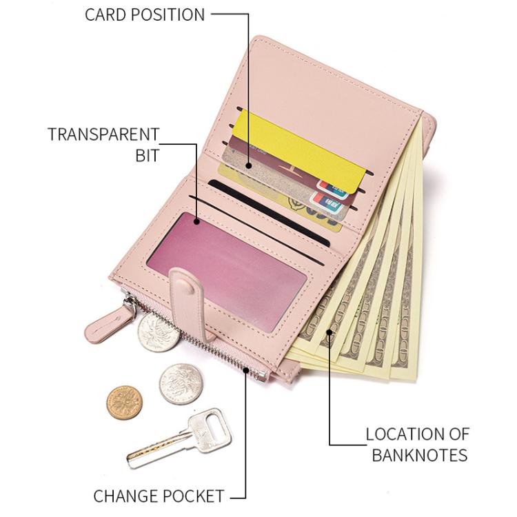 Pink bifold card wallet with transparent card window, coin pouch, and key pull