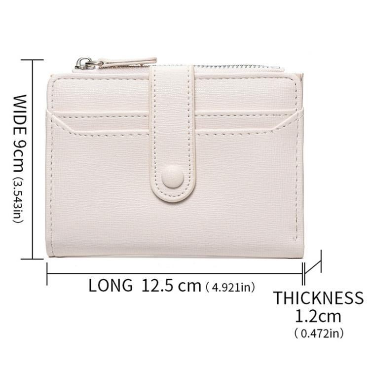 White compact card wallet with zip coin pouch, multiple card slots, and wrist strap