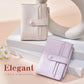 Light purple litchi-texture coin card bag with flap snap and zipper, multi-card slots.