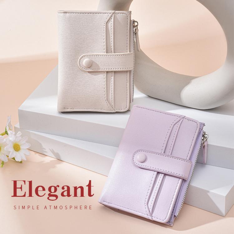 Light purple litchi-texture coin card bag with flap snap and zipper, multi-card slots.